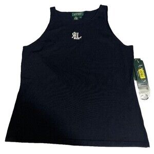 Lauren Ralph Lauren NWT Womens Tank Top  Black Silk Blend Large Embroidered LRL